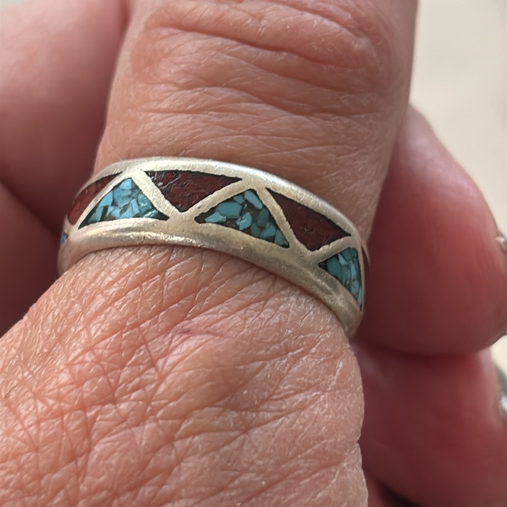 Sterling Silver Turquoise and Coral Band